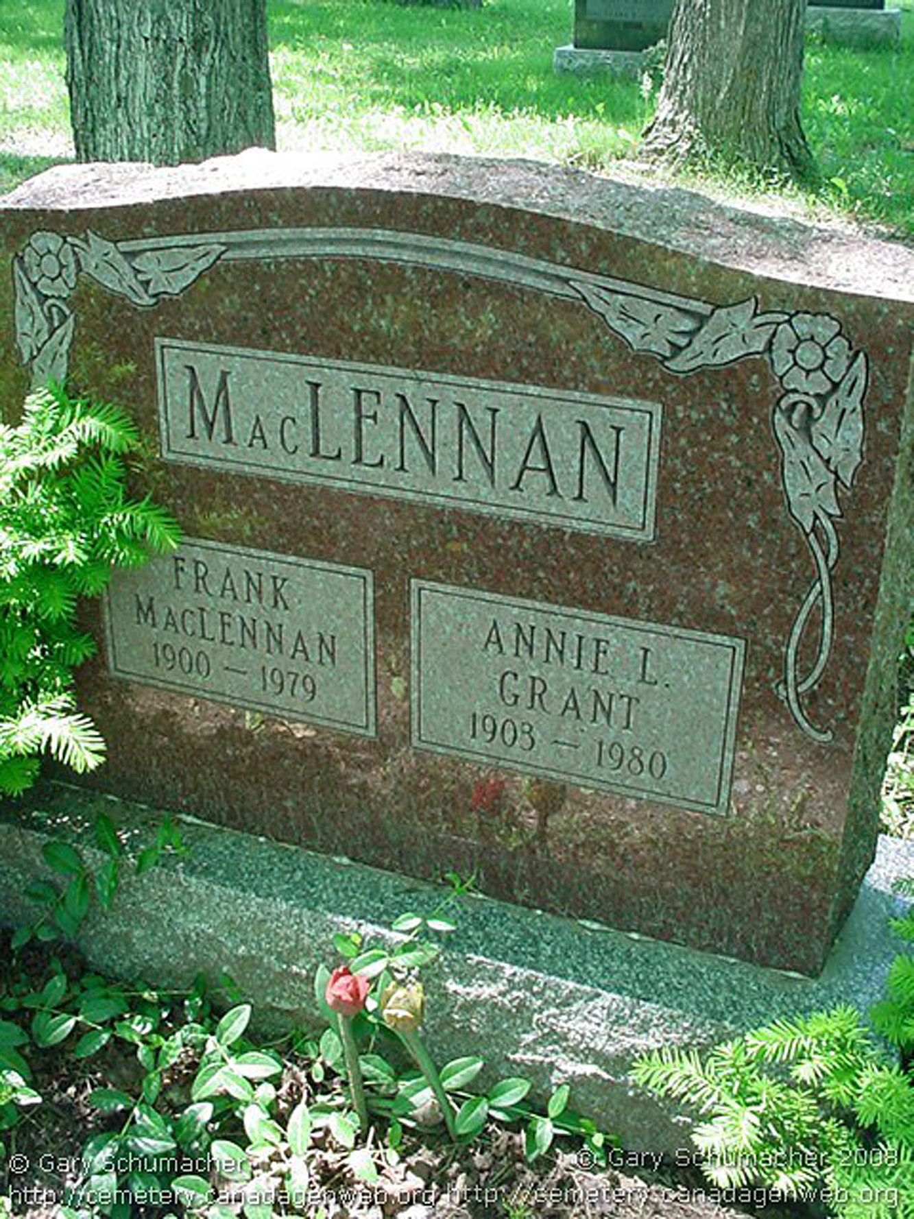 Photo of headstones/Frank MacLennan died 1979 MI Lochalsh Cemetery, Huron